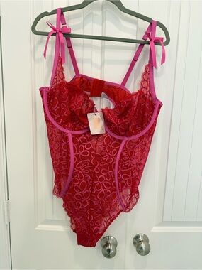 Savage X Fenty Red Lace Bodysuit with Pink Trim